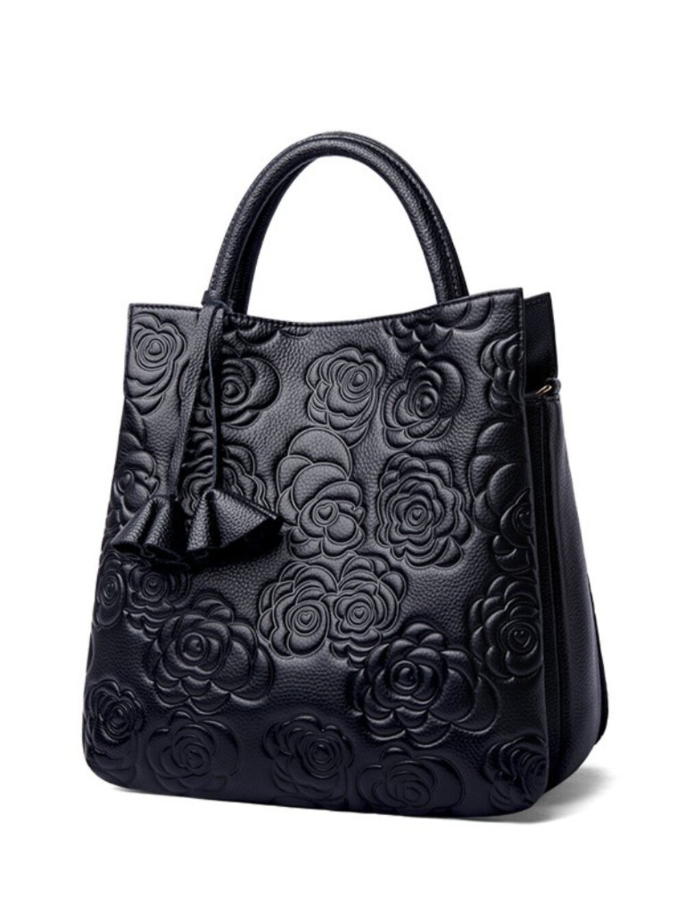 Black Floral Embossed Leather Top Handle Tote Bag